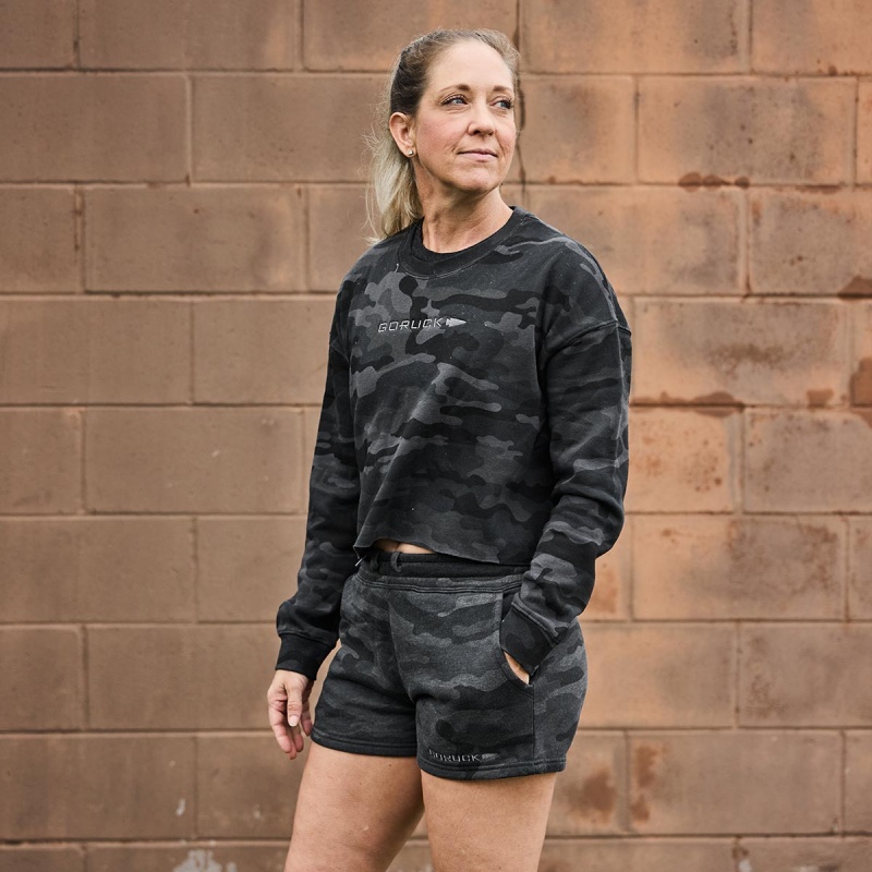 Black Camo / Dark Grey Women\'s Goruck Sweat Shorts | SG-537826-QDM